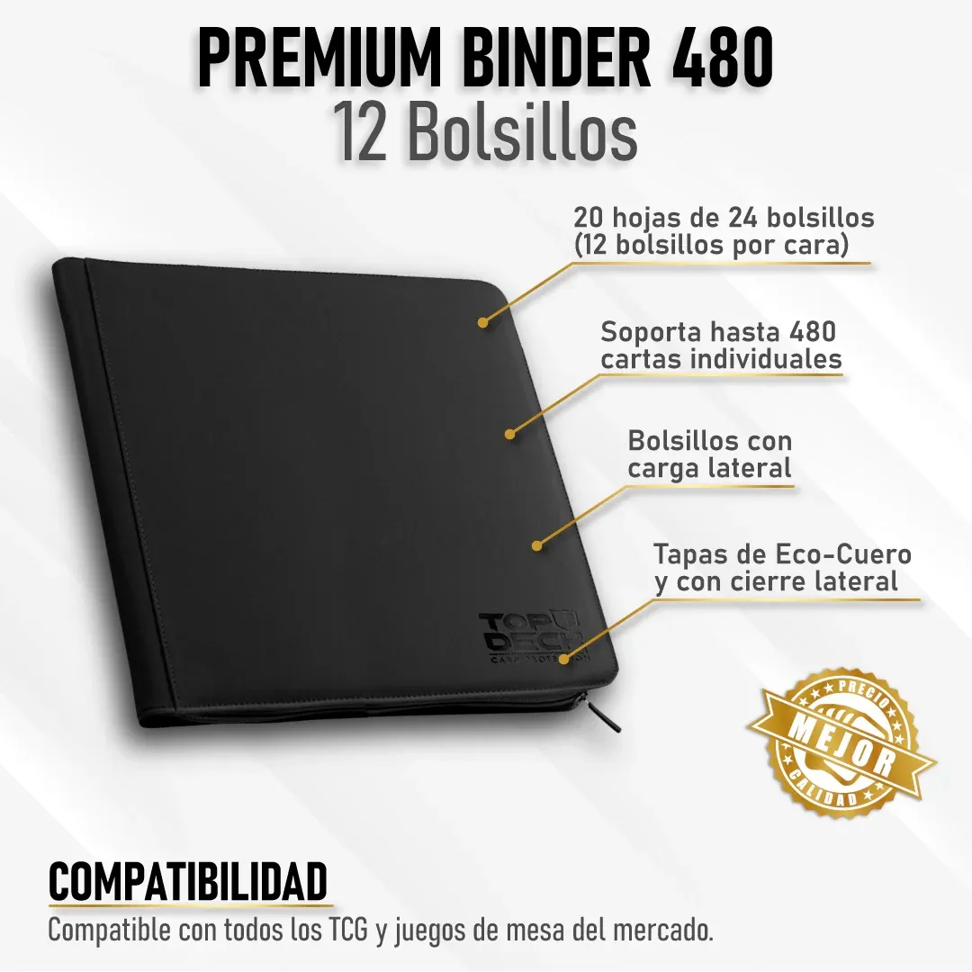 Carpeta Premium | Para 480 cartas (12 bolsillos por cara - carga lateral) - Varios Colores y con cierre - Top Deck